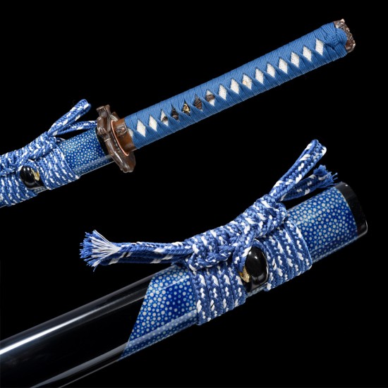 katana 406 Longquan City Sword Pattern Steel forging Japanese-style upper-handed bull-horn pearl fish leather sheath command knife 376-432