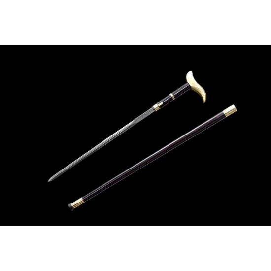 Walking stick sword 31  dragon and phoenix head cane, sword buckle version, pure copper fittings, sword sheath, black sandalwood, refined pattern steel
